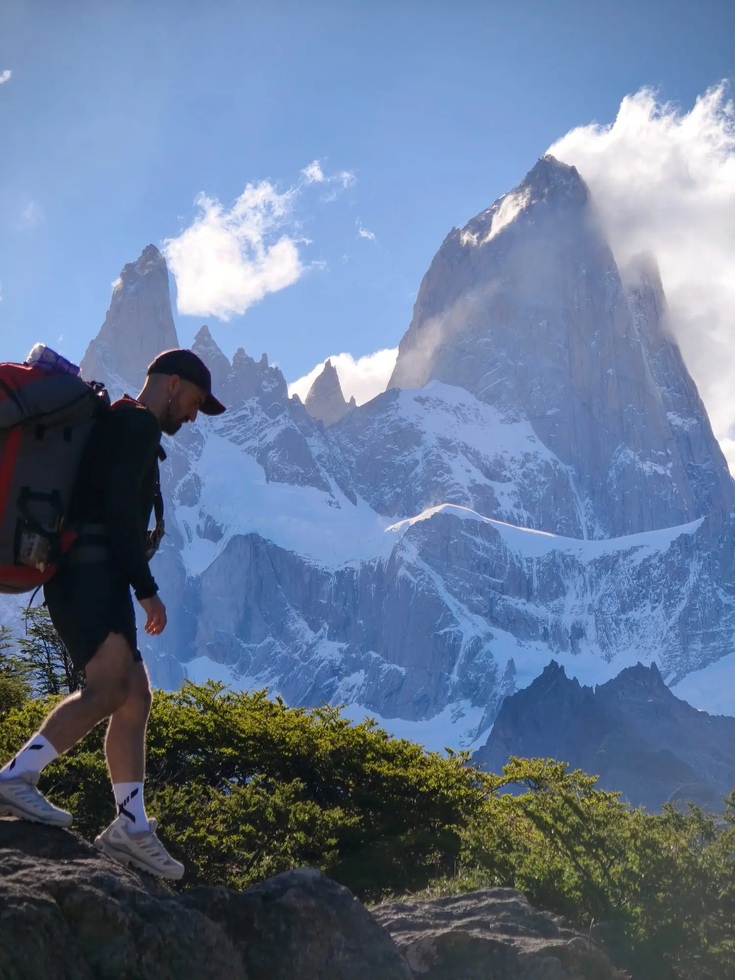 Alejandro Fontal hiking in front of Fitz Roy
